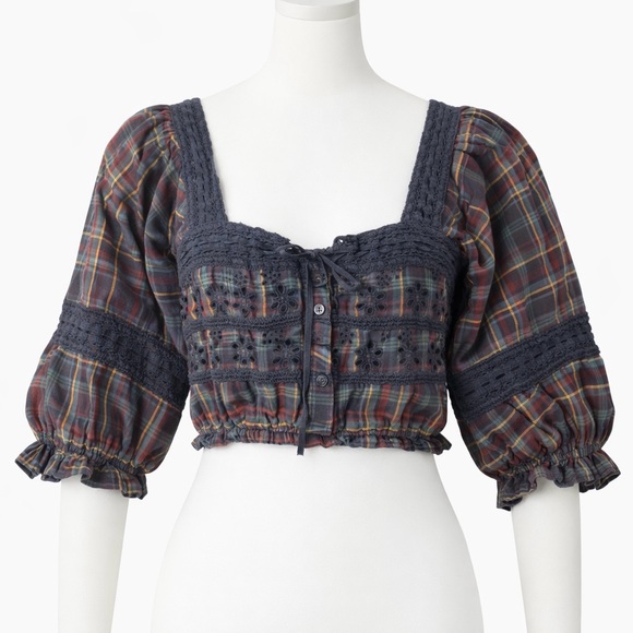 American Eagle Outfitters Tops - American Eagle Plaid Eyelet Cropped Top